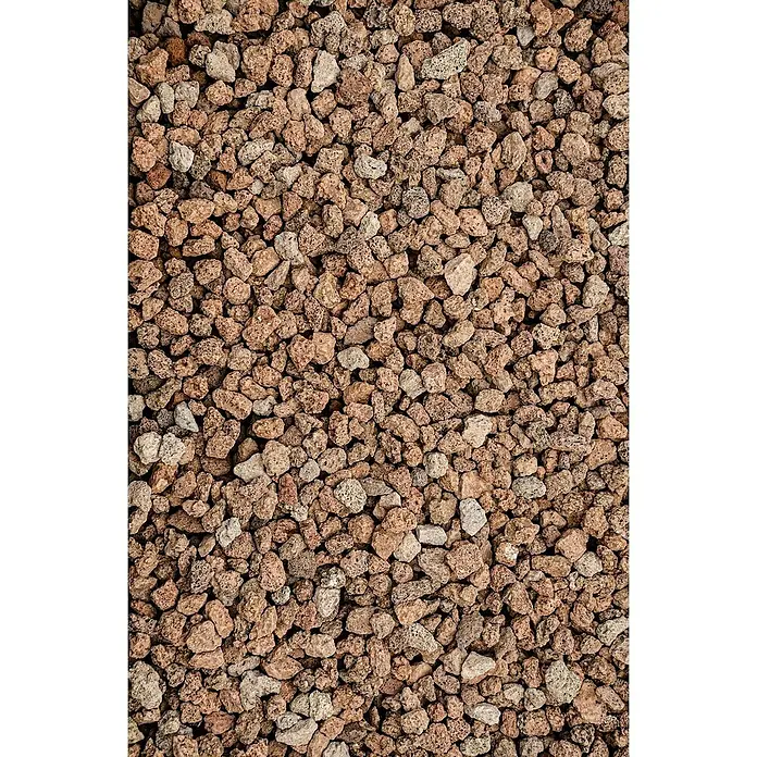 Min2C Lavamulch - Rot-Braun, Körnung: 8 mm - 16 mm, 20 l - Nahaufnahme von kleinen, porösen, braunen Lavasteinen, die eine interessante Textur und ein natürliches Muster bilden.