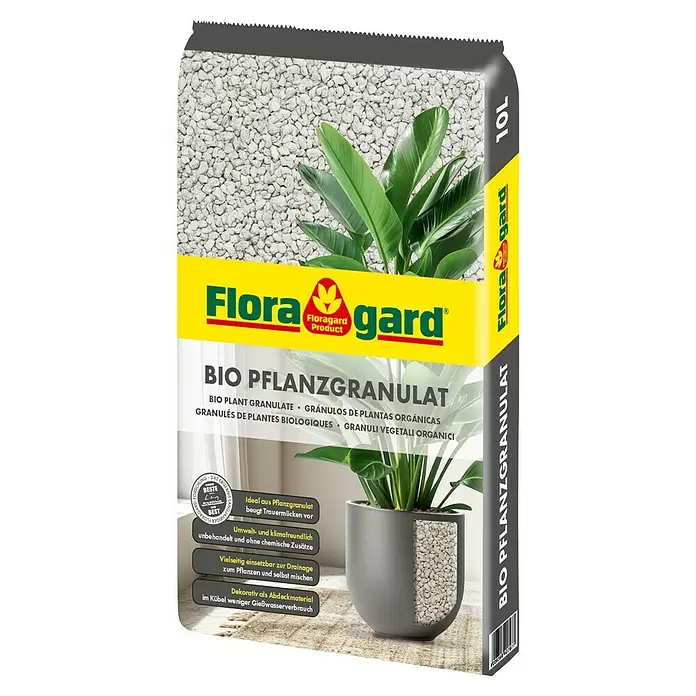 Floragard Pflanzgranulat Bio - 10 l - Beutel mit Flora gard Bio Pflanzgranulat, hellgrau, mit einer Pflanze im Topf, die die Granulate zeigt.