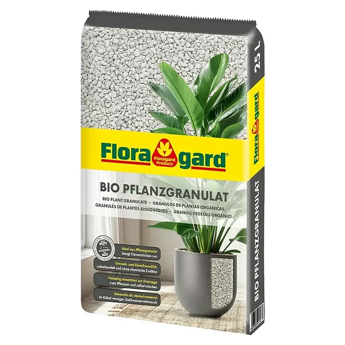 Floragard Pflanzgranulat Bio - 25 l - Großer Beutel Floragard Bio Pflanzgranulat (weiß/grau). Abbildung zeigt Granulat im Topf mit Pflanze.
