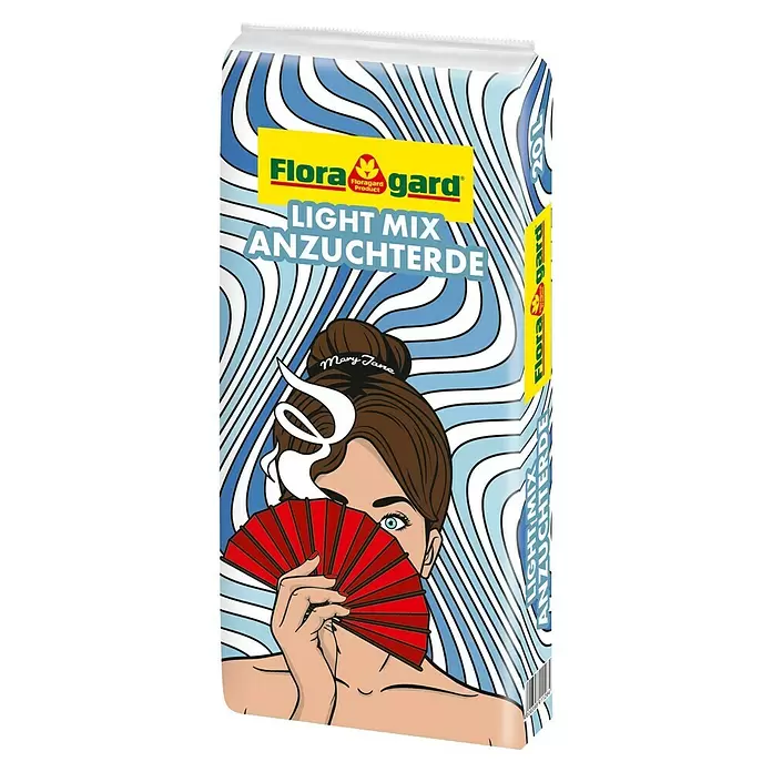 Floragard Aussaat- & Kräutererde Professional Lightmix - 20 l - Floragard Light Mix Anzuchterde 20L Sack mit Pop-Art-Illustration einer Frau, die einen roten Fächer hält.