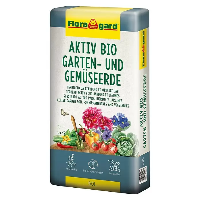 Floragard Blumenerde Aktiv Bio Garten- und Gemüseerde - 50 l - Großer 50L Sack FloraGard Aktiv Bio Garten- und Gemüseerde mit Pflanzenkohle, Miscanthus und Bio-Langzeitdünger. Bunte Abbildung von Gemüse und Blumen.