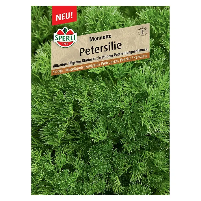 Sperli Kräutersamen Petersilie Menuette - Petroselinum crispum, Saatzeit: April, Erntezeit: Juni - Bild einer Samenpackung 'Menuette Petersilie' von Sperli, einer Dill-artigen Petersiliensorte mit kräftigem Petersiliengeschmack.