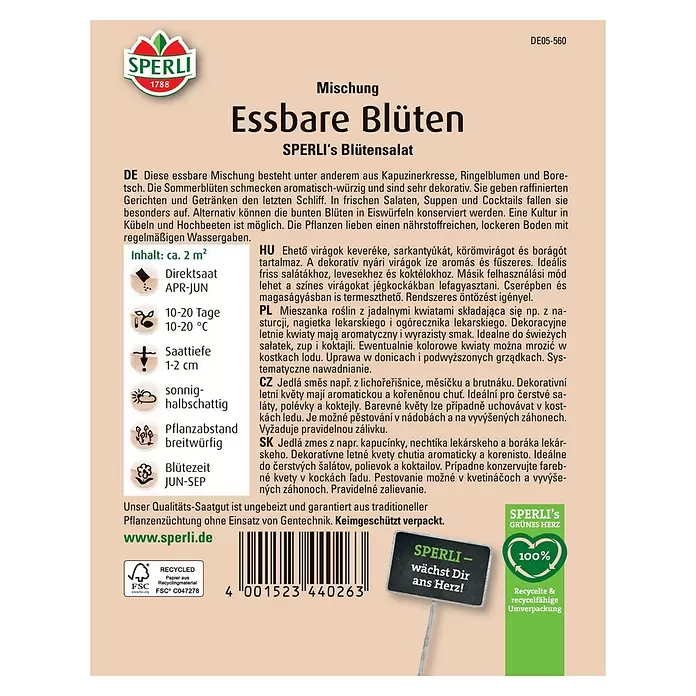 Sperli Blumensamenmischung Blütensalat - z.B. Tropaeolum majus, Borago officinalis, Calendula officinalis - SPERLI Essbare Blüten Samenpaket, eine farbenfrohe Mischung für Blütensalat, mit Pflanzanleitung und Recyclinginformationen.