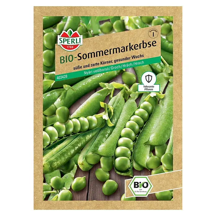 Sperli Gemüsesamen Bio Sommermarkerbse - Pisum sativum, Erntezeit: Juni - Bild der "Bio-Sommermarkerbse" Samenpackung von Sperli, ideal für süße Ernten.