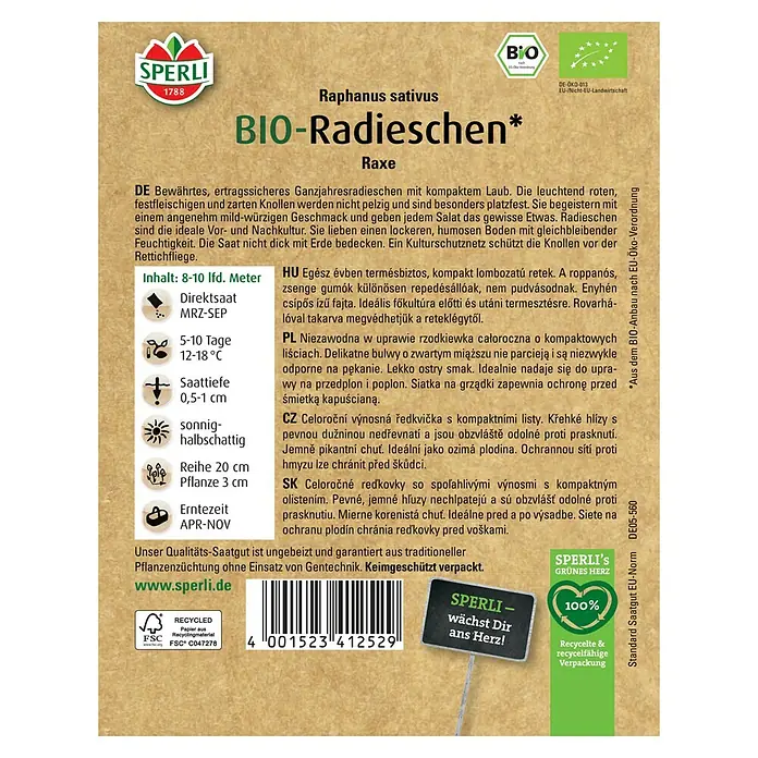 Sperli Gemüsesamen Bio-Radischen - Raphanus sativus 'Raxe', Inhalt reicht für 8-10 lfd. Meter - SPERLI BIO-Radieschen Raxe Saatgutpackung. Für knackige, rote Radieschen aus ökologischem Anbau im eigenen Garten.