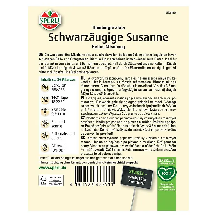Sperli Blumensamen Schwarzäugige Susanne Helios Mischung - Thunbergia alata, Mehrfarbig - SPERLI Schwarzäugige Susanne Saatgutpackung, eine leuchtende Mischung für farbenfrohe, sonnige Gärten und Balkone.