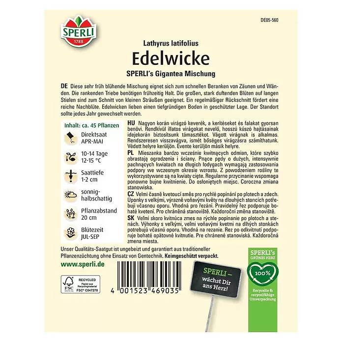 Sperli Blumensamenmischung Edelwicke - Lathyrus odoratus - SPERLI Samenpackung für „Edelwicke“ (Lathyrus latifolius) mit Logo, Aussaatanleitung und mehrsprachigen Pflanzeninfos.