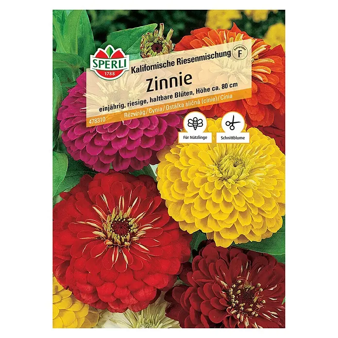 Sperli Blumensamen Zinnie Kalifornische Riesenmischung - Zinnia, Mehrfarbig - Samenpackung für Zinnien 'Kalifornische Riesenmischung' von Sperli, einjährige, hochwachsende Zinnien mit großen Blüten in verschiedenen Farben.