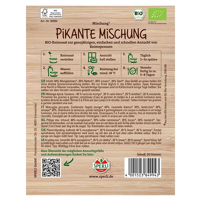 Sperli Gemüsesamen Bio Pikante Mischung - Keimsprossen Pikante Mischung - Pikante Mischung Keimsprossen-Packung. Bio-Keimsaat für die einfache Anzucht von Keimsprossen. Die Packung enthält 30 Gramm Saatgut.