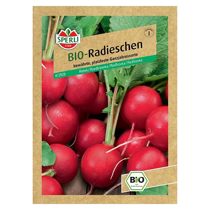 Sperli Gemüsesamen Bio-Radischen - Raphanus sativus 'Raxe', Inhalt reicht für 8-10 lfd. Meter - Bio-Radieschen-Samen von Sperli. Bewährte, platzfeste Sorte für das ganze Jahr. Ideal für den Anbau im eigenen Garten.