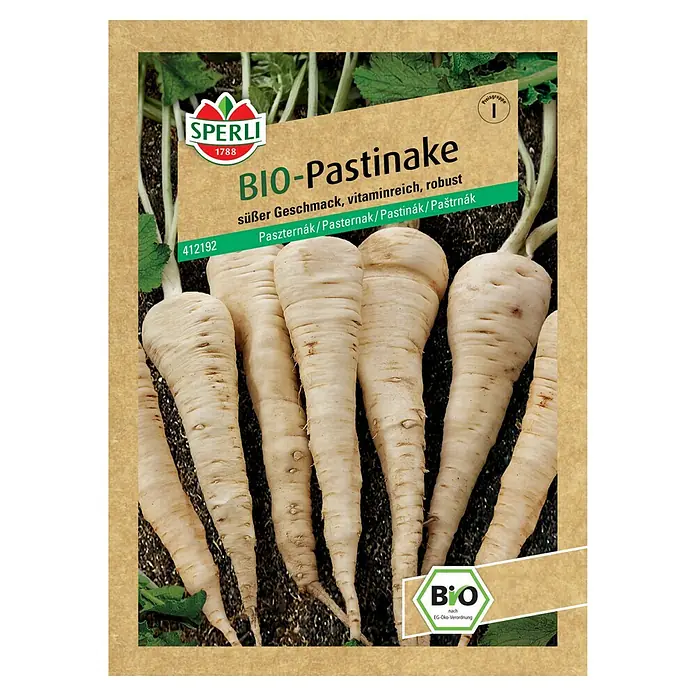 Sperli Gemüsesamen Bio Pastinake - Pastinaca sativa, Erntezeit: Oktober - Abbildung einer Samenpackung für Bio-Pastinaken der Marke Sperli. Süßer Geschmack, vitaminreich und robust.