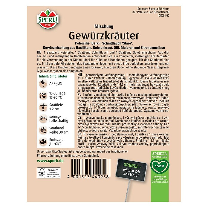 Sperli Kräutersamen Gewürzkräuter-Kombination (5 m Saatband) | BAUHAUS