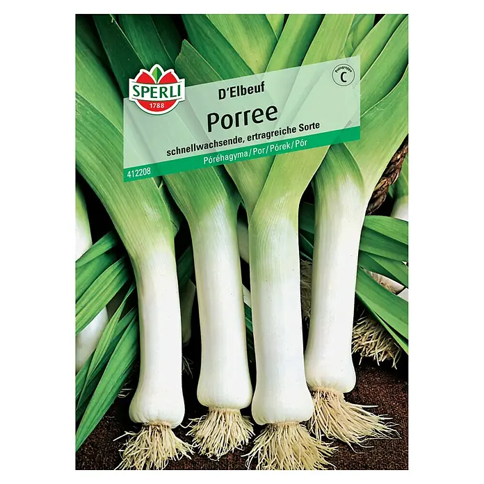 Sperli Gemüsesamen Porree D'Elbeuf - Allium porrum 'D'Elbeuf', Erntezeit: September - Abbildung einer Samenpackung für 'D'Elbeuf Porree', eine schnellwachsende und ertragreiche Sorte von Sperli 1788.