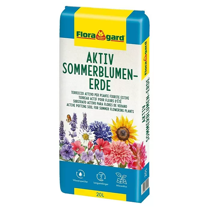 Floragard Blumenerde Aktiv Sommerblumen - 20 l - Floragard Aktiv Sommerblumen-Erde Sack, blau-gelb, mit farbigen Sommerblumen-Illustrationen und Feature-Symbolen. 20L Volumen.