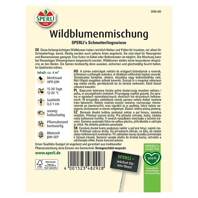 Sperli Wildblumensamen Mischung Schmetterlingswiese - 4 m², Blütezeit: Juni - SPERLI Wildblumenmischung für Schmetterlinge. Bunte Blumenwiese für Naturgärten, Kübel und Balkonkästen.