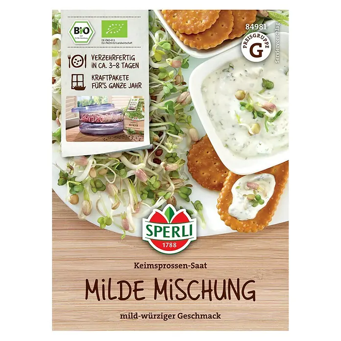 Sperli Gemüsesamen Bio Keimsprossen Milde Mischung - Verschiedene sorten - Abbildung von Sperli Keimsprossen-Saat Milde Mischung. Das Produkt enthält Bio-Keimsprossen-Saat für den Anbau zu Hause.