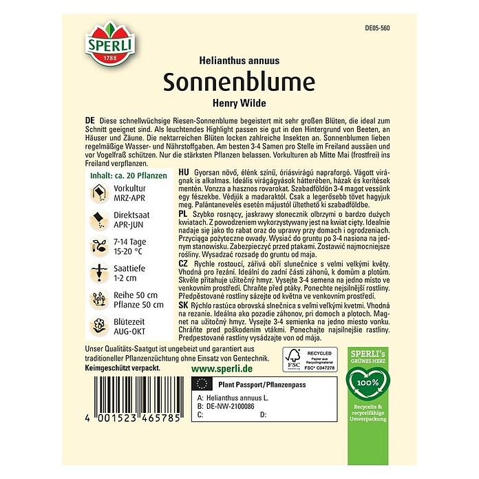 Sperli Blumensamen Sonnenblume Henry Wilde (Helianthus annuus 'Henry Wilde', Gelb) | BAUHAUS