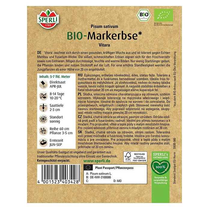 Sperli Gemüsesamen Bio Sommermarkerbse - Pisum sativum, Erntezeit: Juni - Samenpackung BIO-Markerbse Vitara.