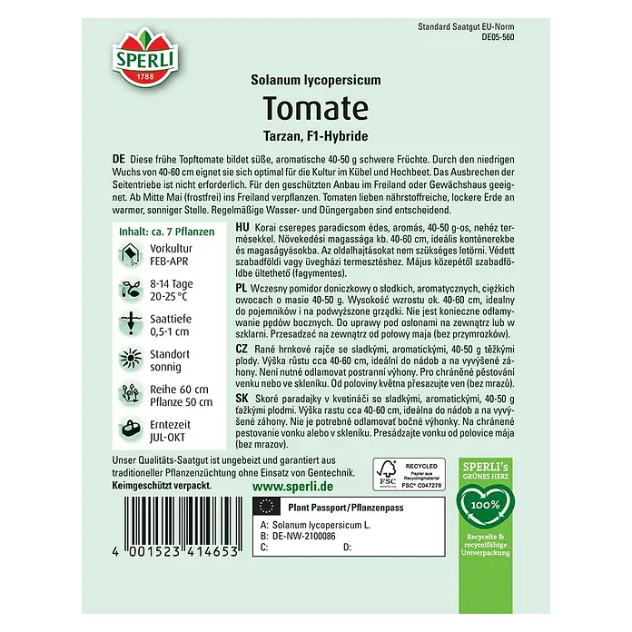Sperli Cocktailtomate Tarzan - Solanum lycopersicum 'Tarzan', Erntezeit: Juli - Abbildung der Samenpackung für "Tarzan F1-Hybride" Tomaten, einer frühen Topftomate mit süßen, aromatischen Früchten, ideal für Kübel und Hochbeet.