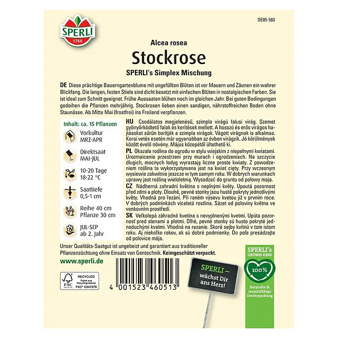 Sperli Blumensamen Stockrose Simplex Mischung - Alcea rosea, Mehrfarbig - SPERLI Stockrose Saatgutpackung. Attraktive, nostalgische Farben für Mauern und Zäune, ideal zum Schneiden, mehrjährige Pflanze.