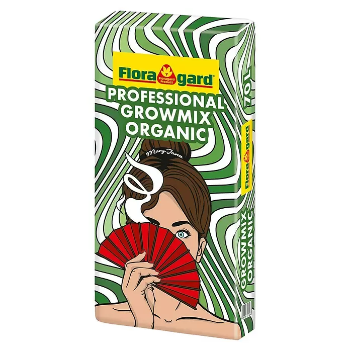 Floragard Pflanzensubstrat Professional Grow Mix Organic - 70 l - Flora gard PROFESSIONAL GROWMIX ORGANIC 70L Sack mit grüner Wellenmusterung und Frau mit rotem Fächer.