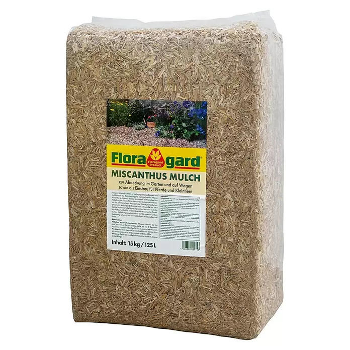 Floragard Rindenmulch Miscanthusmulch - 125 l - Klarsichtbeutel gefüllt mit hellbraunem, gehäckseltem Miscanthus-Stroh als Mulch oder Tierstreu.