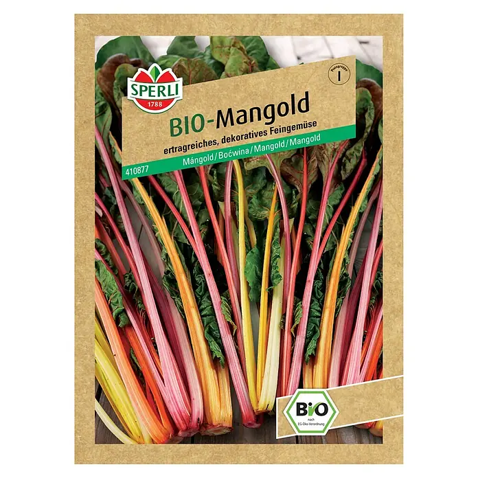 Sperli Gemüsesamen Bio Mangold - Beta vulgaris, Erntezeit: Juni - Samenpackung von "BIO-Mangold" der Marke Sperli. Das Bild zeigt eine Nahaufnahme der bunten Mangoldstiele und Blätter.