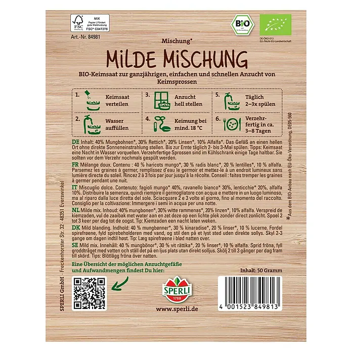 Sperli Gemüsesamen Bio Keimsprossen Milde Mischung - Verschiedene sorten - Abbildung der "Milde Mischung" BIO-Keimsaat-Packung von Sperli, ideal für die Anzucht von Keimsprossen.