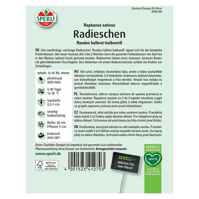 Sperli Gemüsesamen Radieschen Rundes halbrot-halbweiß - Raphanus sativus, Erntezeit: Mai - SPERLI Radieschen-Samen: 'Rundes halbrot-halbweiß' für die Freilandsaison, ideal für lockeren Boden und gleichmäßige Feuchtigkeit.