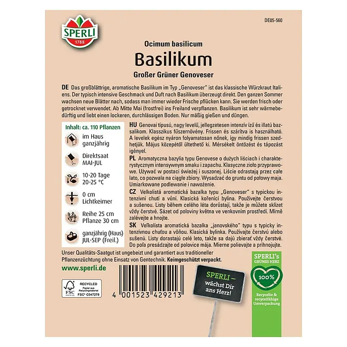 Sperli Basilikum Basilikum Grosses Grünes - Ocimum basilicum - Samenpackung für Sperli Basilikum 'Großer Grüner Genoveser', eine aromatische und ertragreiche Sorte für den Garten.