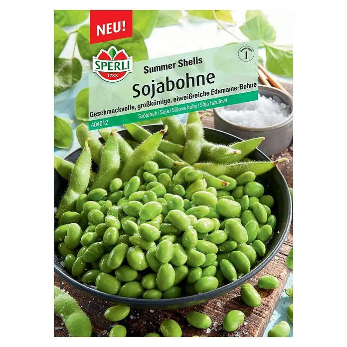 Sperli Gemüsesamen Sojabohne Summer Shells - Glycine max 'Summer Shells', Erntezeit: August - Bild von "Summer Shells"-Sojabohnen von Sperli. Köstliche, proteinreiche Edamame-Bohnen, ideal für gesunde Mahlzeiten.