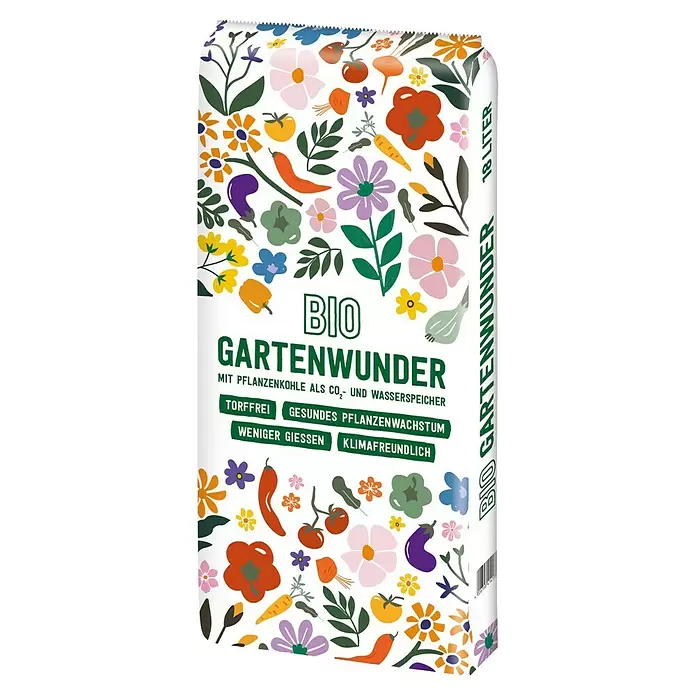 Floragard Universalerde Bio Gartenwunder - Nettovolumen: 18 l, Torffrei - Weißer Beutel mit 18 Liter Bio-Gartenerde, illustriert mit bunten Pflanzen. Torffrei, fördert gesundes Wachstum, spart Wasser, klimafreundlich.