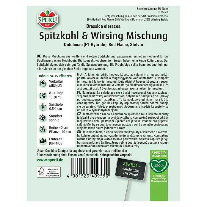 Sperli Gemüsesamen Spitzkohl & Wirsing Mischung - Brassica oleracea, Erntezeit: Juni - Samenpackung Spitzkohl & Wirsing Mischung: Eine vielseitige Mischung für den Anbau im Hochbeet und die Zubereitung von Salaten.