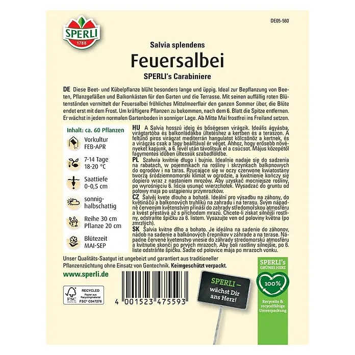 Sperli Blumensamen Feuersalbei Carabiniere - Salvia splendens, Rot, 20 m² - Produktbild Feuersalbei 'SPERLI's Carabiniere'. Attraktive, rote Blütenstände für Beet, Topf & Balkon. Sommerblüher, pflegeleicht.