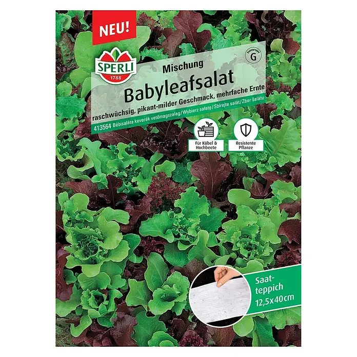 Sperli Salatsamenmischung Babyleafsalat - Cavendish, Diablotin, Oaking, Greenet, Erntezeit: Juli - SPERLI Babyleafsalat-Mischung: Raschwüchsig, pikanter Geschmack, mehrfache Ernte. Ideal für Kübel und Hochbeete, resistente Pflanze, Saat-Teppich 12,5x40cm.