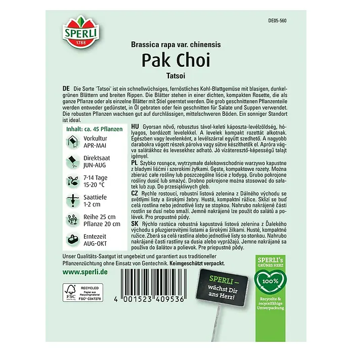 Sperli Gemüsesamen Pak Choi Tatsoi - Brassica rapa var. chinensis 'Tatsoi', Erntezeit: August - SPERLI Pak Choi Saatgutpackung. Für den Anbau von Tatsoi-Gemüse mit detaillierten Anweisungen und Informationen auf der Verpackung.
