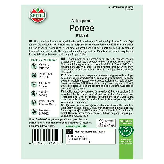 Sperli Gemüsesamen Porree D'Elbeuf - Allium porrum 'D'Elbeuf', Erntezeit: September - Samenpackung für Allium porrum 'D'Elbeuf', eine schnell wachsende Porreesorte mit blaugrünen Blättern für die Ernte von September bis Dezember.