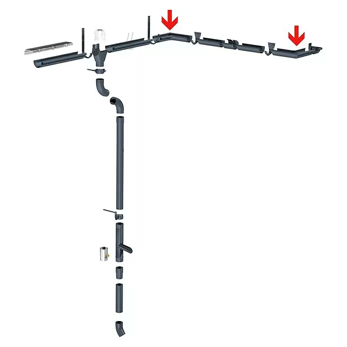 Sarei Rinnenwinkel - Nennweite: 100 mm, Innenecke, Aluminium, Anthrazit - Explodierte Ansicht eines kompletten grauen PVC-Regenrinnen- und Fallrohrsystems mit Dachrinnen, Fallrohr und Regensammler.