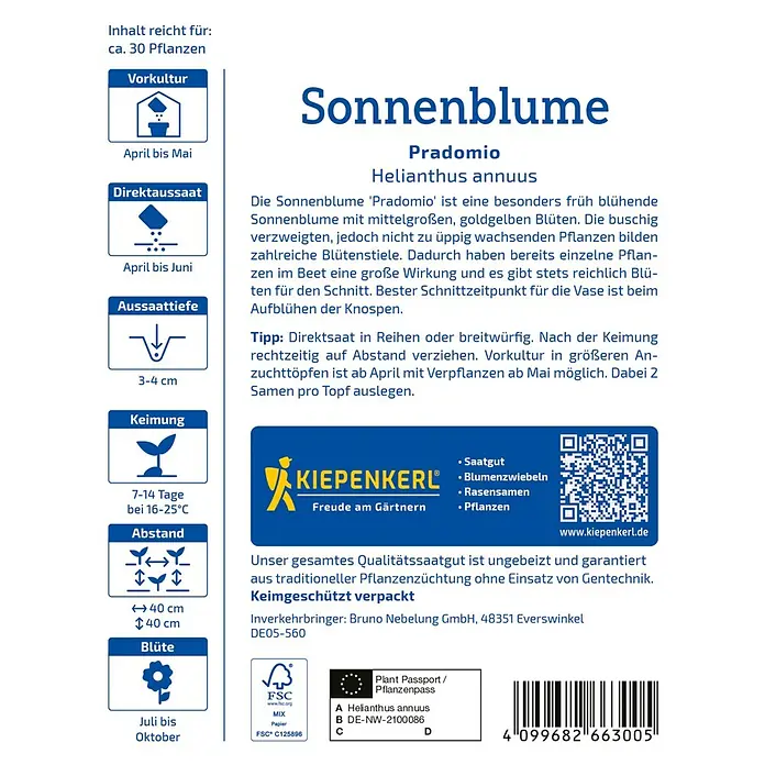 Kiepenkerl Profi-Line Blumensamen Sonnenblume Pradomio - Helianthus annuus, Gelb - Produktabbildung: Sonnenblumen-Samenpackung von Kiepenkerl, Sorte Pradomio, Helianthus annuus, mit Anbau- und Pflegehinweisen.
