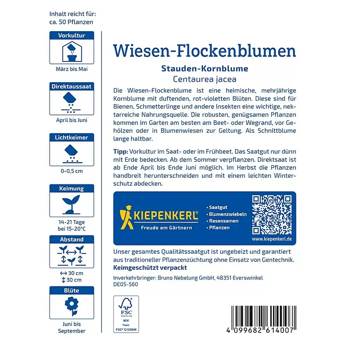 Kiepenkerl Blumensamen Wiesen-Flockenblume - Centaurea jacea, Inhalt reicht für ca. 50 Pflanzen - Kiepenkerl Saatgutpackung für Wiesen-Flockenblumen, eine mehrjährige Kornblume. Weiße und blaue Verpackung mit Pflanzanleitung und Symbolen.