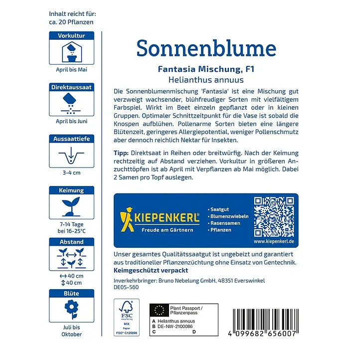 Kiepenkerl Profi-Line Blumensamen Sonnenblume Fantasia - Helianthus annuus, Mehrfarbig - Sonnenblumen-Samenpackung "Fantasia Mischung F1" von Kiepenkerl. Aussaat, Pflanzabstand, Blütezeit und weitere Infos sind aufgedruckt.