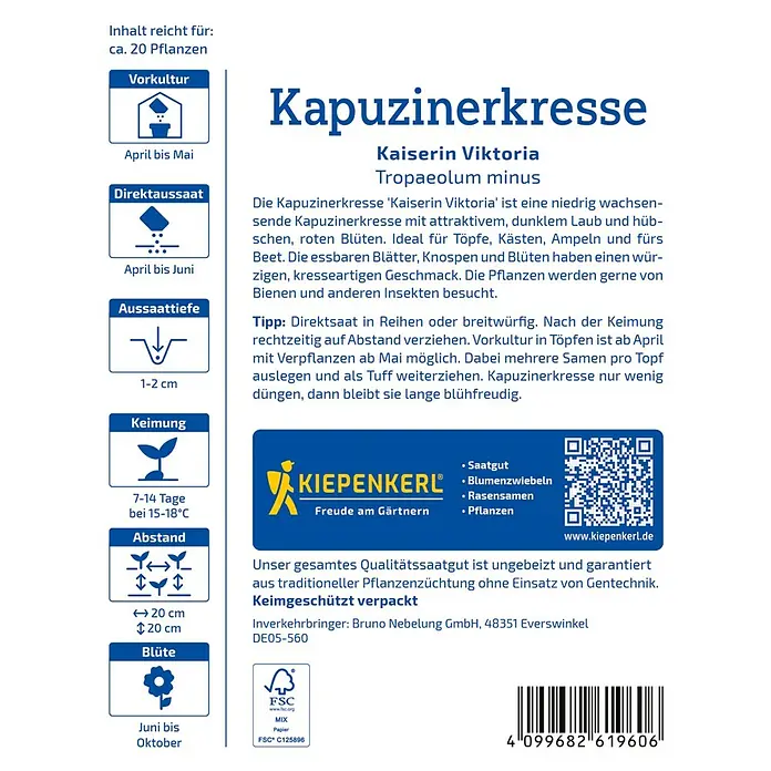 Kiepenkerl Kräutersamen Kapuzinerkresse - Tropaeolum minus, Saatzeit: April - Produktbild: Samentüte Kapuzinerkresse 'Kaiserin Viktoria' mit Anbauhinweisen und Informationen zu Keimung, Abstand und Blütezeit.