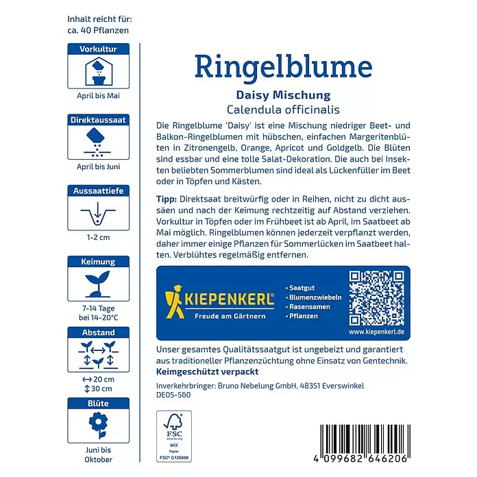Kiepenkerl Profi-Line Blumensamen Ringelblume Daisy - Calendula officinalis, Inhalt reicht für ca. 40 Pflanzen - Samenpackung für Ringelblumen 'Daisy Mischung' von Kiepenkerl, mit Anbauanweisungen. Weiß-blaues Design.