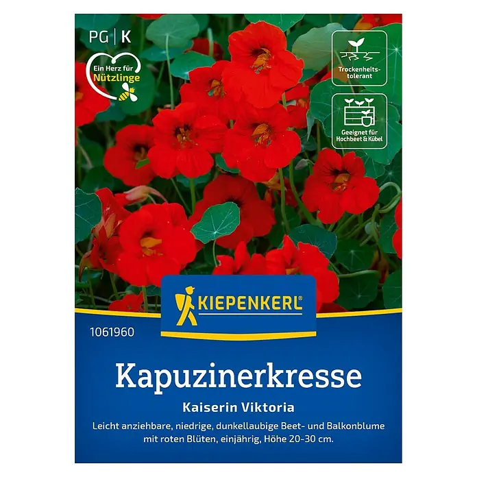 Kiepenkerl Kräutersamen Kapuzinerkresse - Tropaeolum minus, Saatzeit: April - Samenpackung für Kapuzinerkresse 'Kaiserin Viktoria' von Kiepenkerl, mit leuchtend roten Blüten, ideal für Beet und Balkon.
