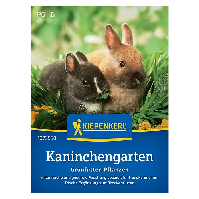 Kiepenkerl Profi-Line Saatgut Kaninchengarten Grünfutter - Verschiedene sorten - Kiepenkerl 'Kaninchengarten' Saatgutmischung. Blaues Etikett mit zwei Kaninchen und Text für artreiches, gesundes Grünfutter für Hauskaninchen.