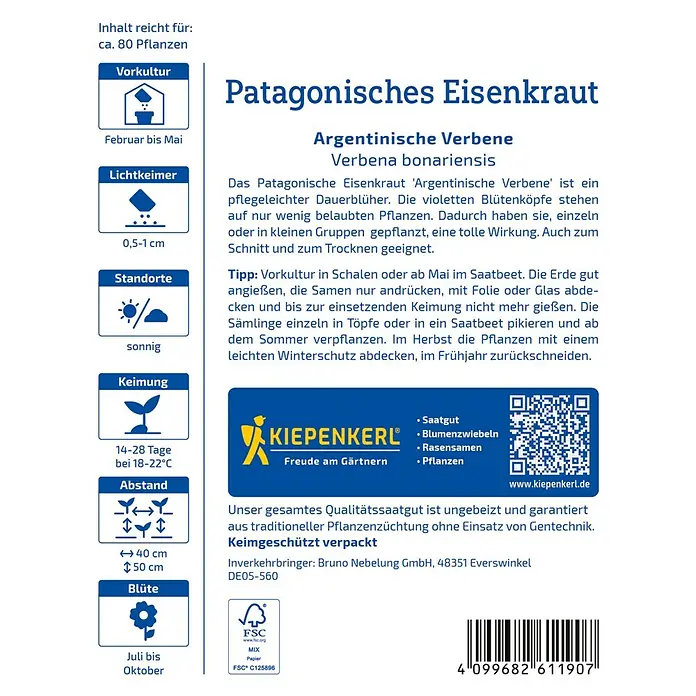 Kiepenkerl Profi-Line Blumensamen Eisenkraut - Verbena bonariensis, Blau - Abbildung einer Packung Patagonisches Eisenkraut 'Argentinische Verbene' Samen, ideal für sonnige Standorte und Blüte von Juli bis Oktober.