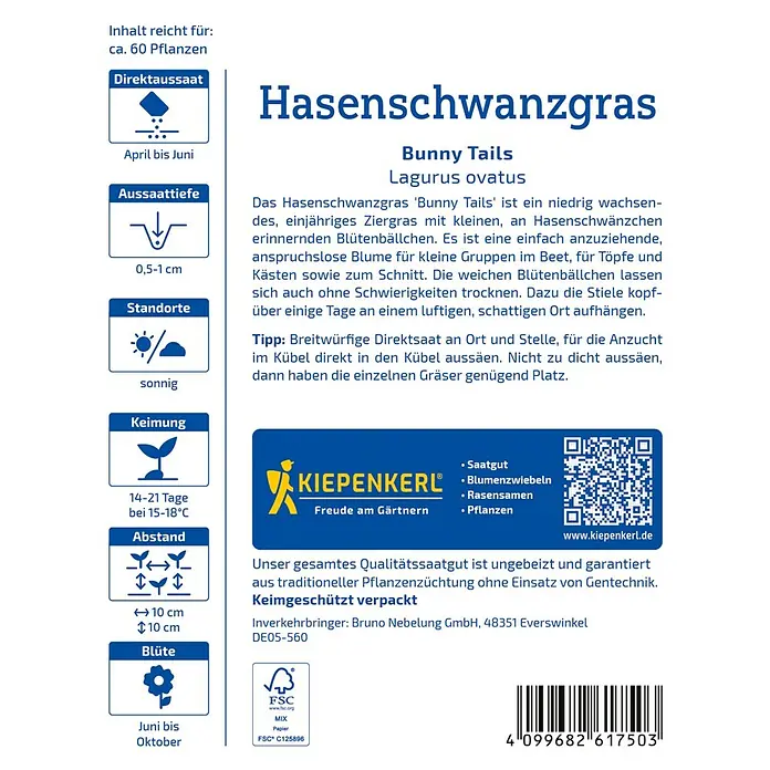 Kiepenkerl Blumensamen Hasenschwanzgras Bunny Tails - Lagurus ovatus - Bild einer Packung Hasenschwanzgras-Samen, ideal für Gärtner, die ihrem Garten mit diesem Ziergras eine verspielte Note verleihen möchten.