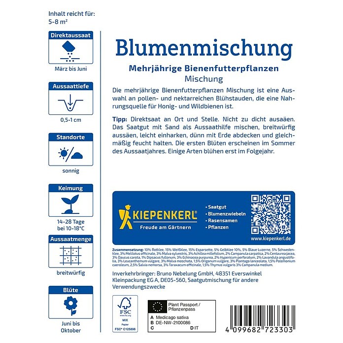 Kiepenkerl Profi-Line Blumensamenmischung Bienenfutterpflanze (Verschiedene Sorten, Mehrfarbig, 5 m² - 8 m²) | BAUHAUS