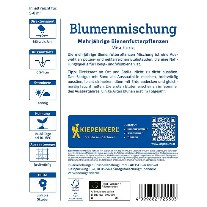 Kiepenkerl Profi-Line Blumensamenmischung Bienenfutterpflanze - Verschiedene Sorten, Mehrfarbig, 5 m² - 8 m² - Samenpackung für eine Blumenmischung, ideal für Bienenfutterpflanzen, mit Anweisungen zu Aussaatzeit, -tiefe, Standort und Keimung.
