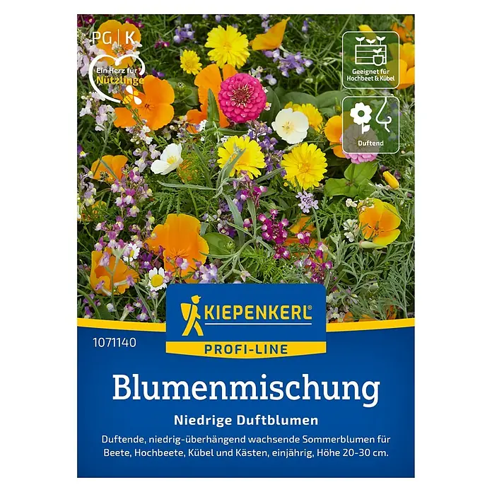 Kiepenkerl Blumensamenmischung Niedrige Duftblumen - Verschiedene Sorten, Mehrfarbig, 2 m² - 4 m² - Abbildung einer Kiepenkerl Profi-Line Blumenmischung mit niedrigen Duftblumen, ideal für Beet, Hochbeet, Kübel und Kästen.